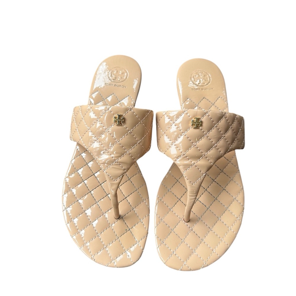 Nude patent leather Tory Burch slides